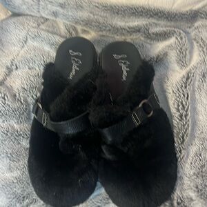 Sam Edelman black furry open back clogs with 2" heel